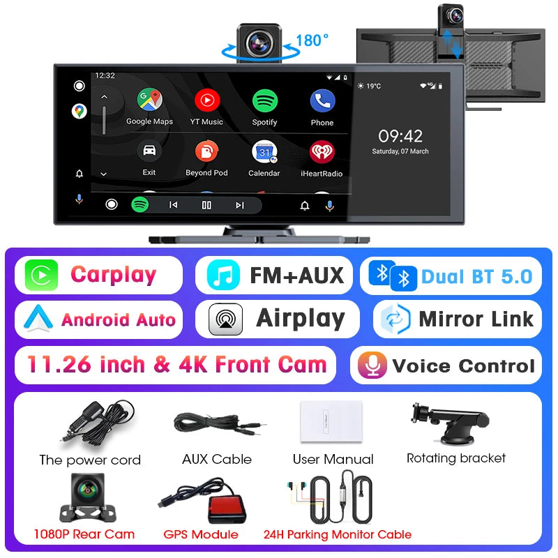 11.26” Car DVR 4K Front 1080P Rear Dashcam